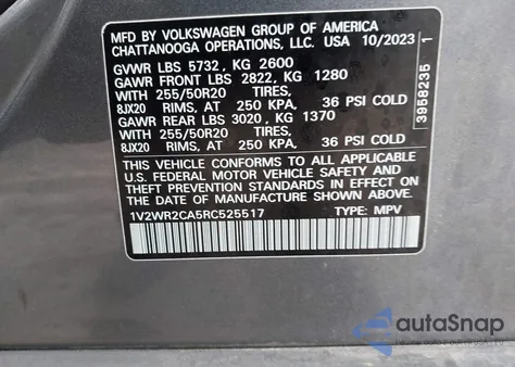 2024 Volkswagen Atlas 2.0T Se W/Technology из США, поврежденный, VIN 1V2WR2CA5RC525517